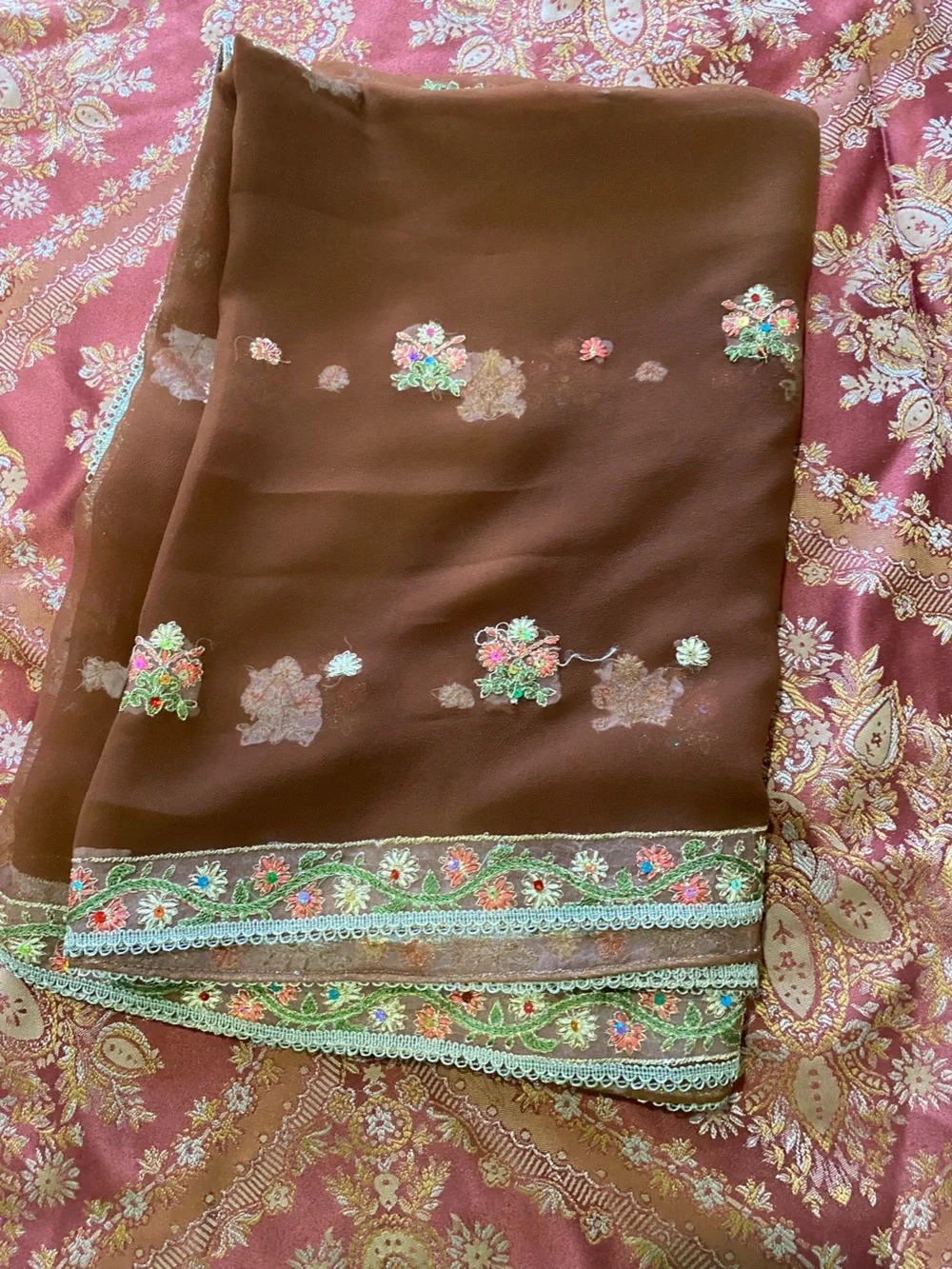 Embroidered Brown Floral Sheer Scarf/Shawl